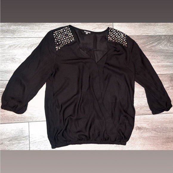 Charlotte Russe Women’s Size Medium Blouse Sheer Black Vneck Jewel Stud Detail - Picture 1 of 7